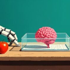 Stylized illustration of a small pink clump of brain tissue in a glass dish on a school desk while a robot arm touches a plate of raised dots beside a red apple.