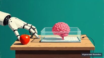 Stylized illustration of a small pink clump of brain tissue in a glass dish on a school desk while a robot arm touches a plate of raised dots beside a red apple.