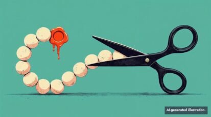 Stylized illustration of a chain of beads curling like a signature, sealed with red wax, with open black scissors about to cut it.