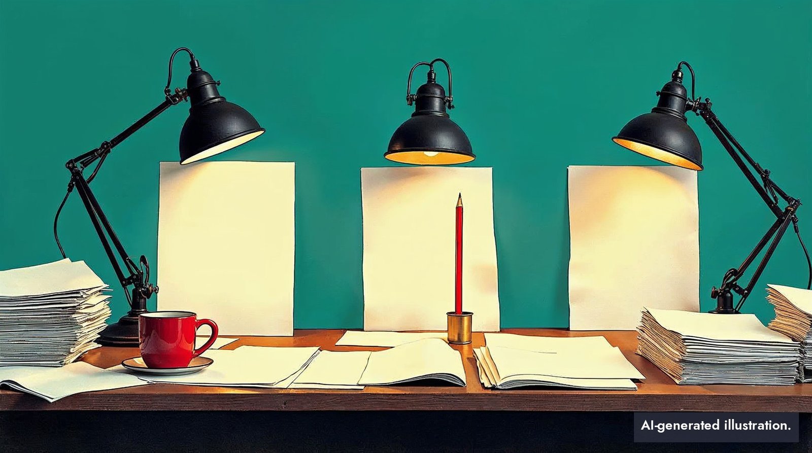 Stylized illustration of three desk lamps bent over blank proof pages on an editing desk with a red pencil standing upright in a holder.