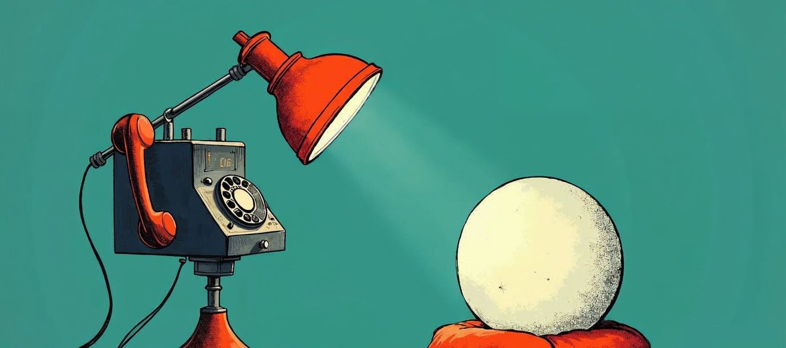 Stylized illustration of a vintage telephone and a red desk lamp aimed at a crystal ball resting on a red cushion, like an interrogation.
