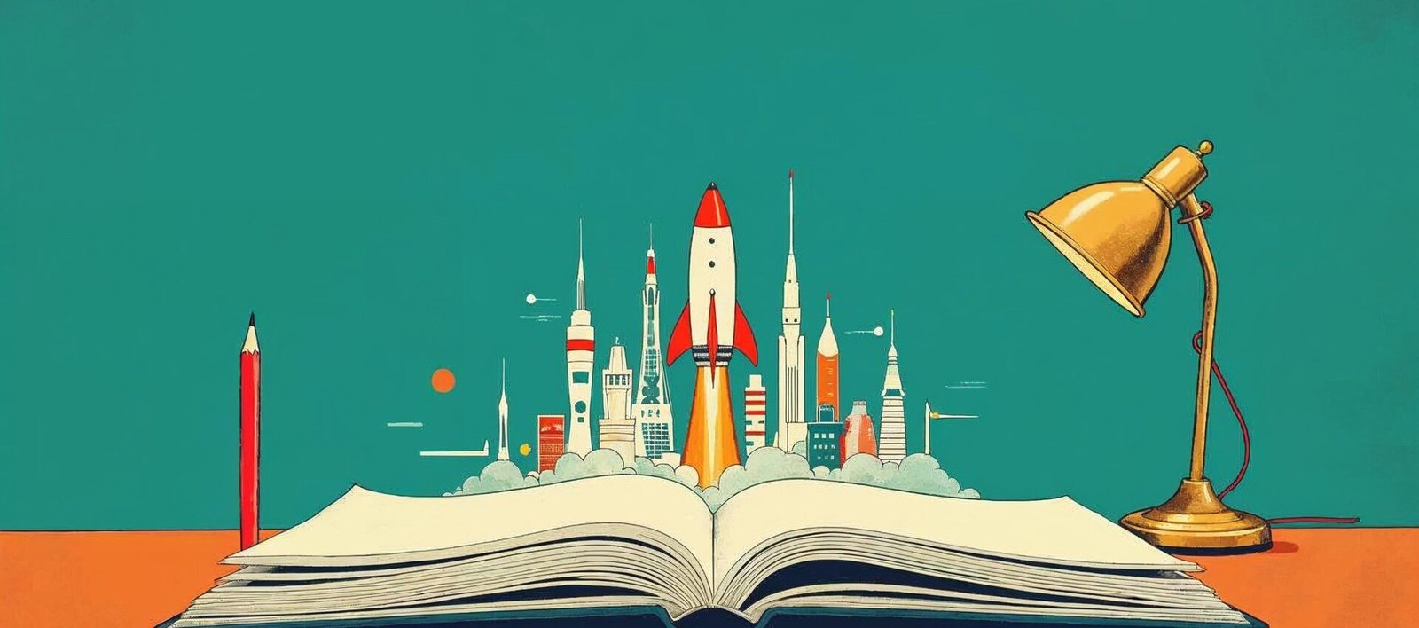 Stylized illustration of a pop-up city of towers and a rocket rising from an open notebook beside a brass desk lamp and a red pencil.