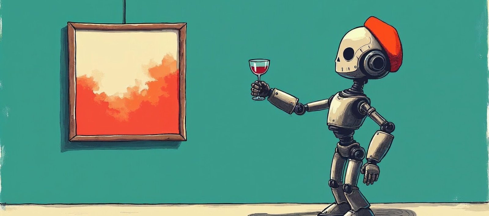 Stylized illustration of a robot wearing a red beret and holding a wine glass while admiring an abstract painting on a gallery wall.