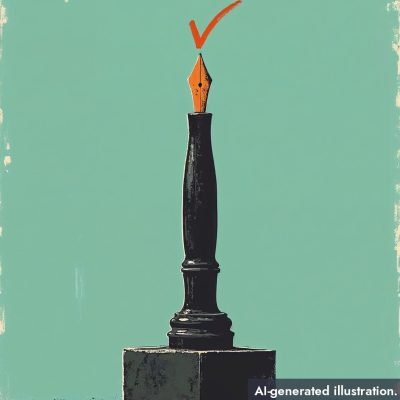 Stylized illustration of a black fountain pen standing on a plinth like a monument with a red checkmark above its nib.