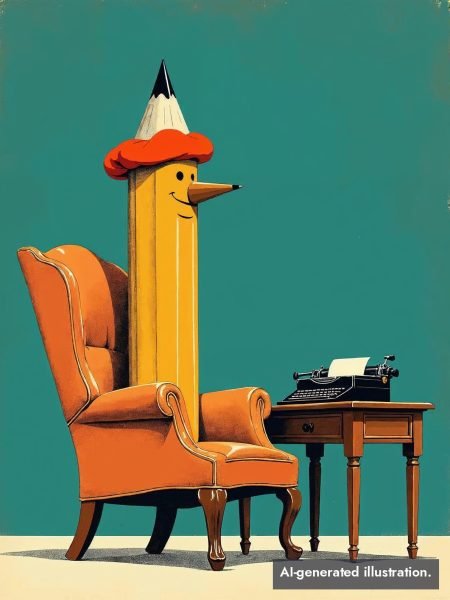 Stylized illustration of a smiling yellow pencil in a red beret seated in an orange armchair beside a typewriter on a small desk.