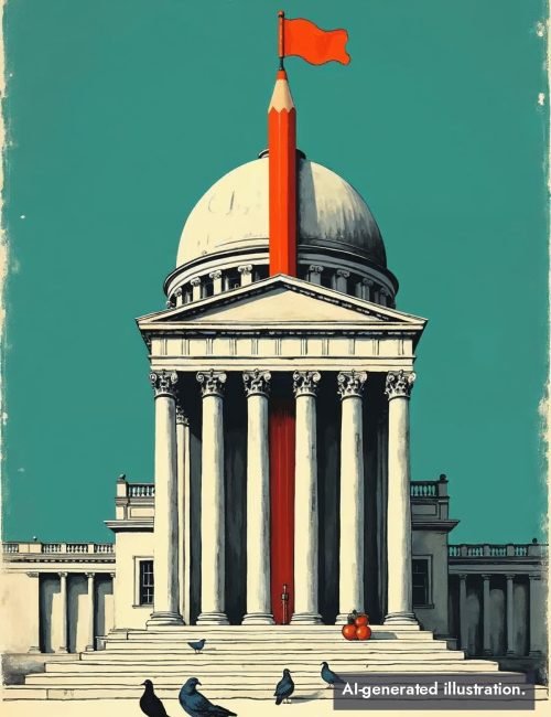 Stylized illustration of a domed columned building with a giant red pencil rising through its roof like a flagpole and pigeons on the steps.